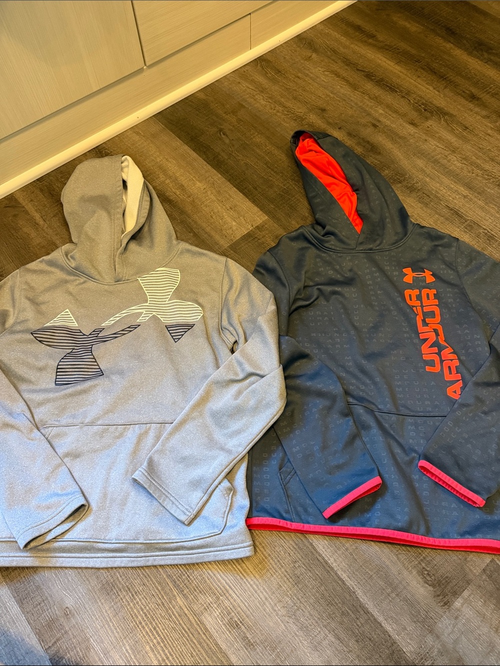 Under Armour Kids Hoodies in Light Gray and Dark Gray with Red- lot of 2 hoodies